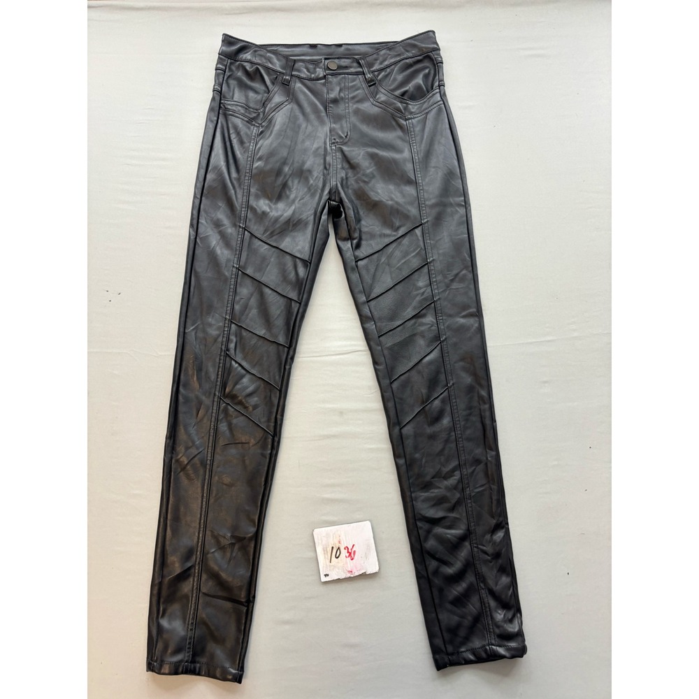 Fashion Jeans Black Faux Leather Moto Pleated Slim Fit Pants Size 30 Streetwear